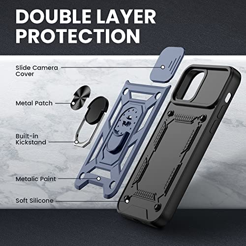 VEGO for iPhone 12 Case with Slide Camera Cover & Glass Screen Protector, iPhone 12 Pro Built-in 360° Rotate Ring Stand Magnetic Cover Case for iPhone 12 / iPhone 12 Pro 6.1 inch 2020 Released - Blue