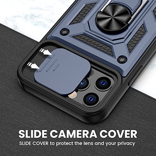 VEGO for iPhone 12 Case with Slide Camera Cover & Glass Screen Protector, iPhone 12 Pro Built-in 360° Rotate Ring Stand Magnetic Cover Case for iPhone 12 / iPhone 12 Pro 6.1 inch 2020 Released - Blue