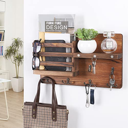 WeBravery Decorative Key Hanging Rack with 10 Hooks – Easy Install Natural Wooden Key and Mail Holder for Wall Mount – Entryway Decor Rack with Shelf (Brown)