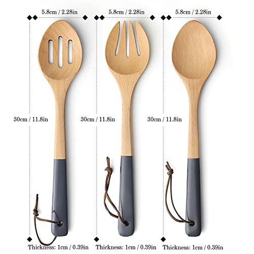 Wooden Spoons for Cooking Set for Kitchen, 12 Inch Large Non Stick Cookware Tools Includes Wooden Spoon, Fork, Slotted Turner, Premium Quality Housewarming Gifts Wooden Serving Utensils