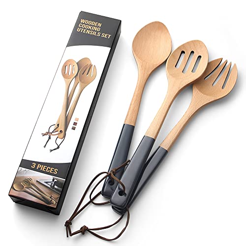 Wooden Spoons for Cooking Set for Kitchen, 12 Inch Large Non Stick Cookware Tools Includes Wooden Spoon, Fork, Slotted Turner, Premium Quality Housewarming Gifts Wooden Serving Utensils