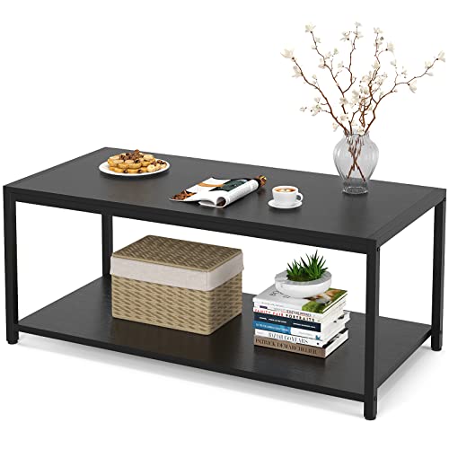 Homieasy Coffee Table, 43" Industrial Coffee Table for Living Room, Retro Central Table with Storage Shelf, Wooden Tabletop and Metal Frame Living Room Table, Cocktail Table Tea Table, Black