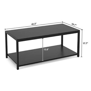 Homieasy Coffee Table, 43" Industrial Coffee Table for Living Room, Retro Central Table with Storage Shelf, Wooden Tabletop and Metal Frame Living Room Table, Cocktail Table Tea Table, Black