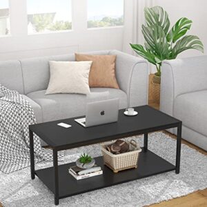 Homieasy Coffee Table, 43" Industrial Coffee Table for Living Room, Retro Central Table with Storage Shelf, Wooden Tabletop and Metal Frame Living Room Table, Cocktail Table Tea Table, Black