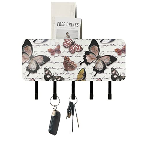 MCHIVER Butterflies Handwritten Letter Key Holder for Wall Decorative Mail Organizer Holders Wall Mounted Key Hangers with 5 Hooks Mounting Hardware Key Rack for Entryway Hallway Garage