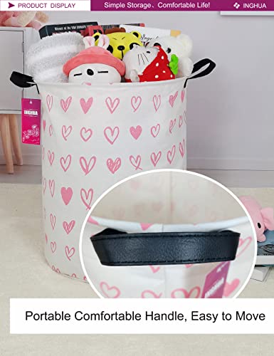 INGHUA Laundry Hamper Large Canvas Fabric Lightweight Storage Basket/Toy Organizer/Dirty Clothes Collapsible Waterproof for College Dorms, Boys and Girls Bedroom,Bathroom(Pink hearts)