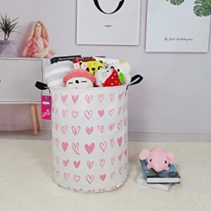 INGHUA Laundry Hamper Large Canvas Fabric Lightweight Storage Basket/Toy Organizer/Dirty Clothes Collapsible Waterproof for College Dorms, Boys and Girls Bedroom,Bathroom(Pink hearts)