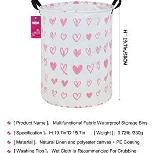 INGHUA Laundry Hamper Large Canvas Fabric Lightweight Storage Basket/Toy Organizer/Dirty Clothes Collapsible Waterproof for College Dorms, Boys and Girls Bedroom,Bathroom(Pink hearts)