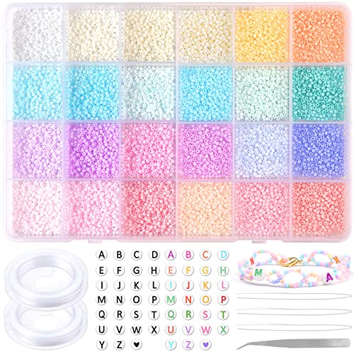 Gacuyi Pastel Glass Seed Beads 10008pcs 2mm Jewelry Making Kit, Macaron Small Beads Pony Beads for Bracelets Necklace Ring Making with Alphabet Letter Beads Rolls of Elastic String Cord