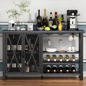 oiog wine cabinet with removable wine rack and glass holder, wine bar cabinet for liquor, home bar coffee cabinet sideboards with metal mesh doors for living room(gray)