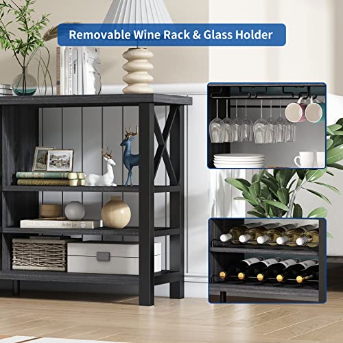 OIOG Wine Cabinet with Removable Wine Rack and Glass Holder, Wine Bar Cabinet for Liquor, Home Bar Coffee Cabinet Sideboards with Metal Mesh Doors for Living Room(Gray)