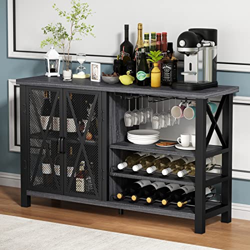 OIOG Wine Cabinet with Removable Wine Rack and Glass Holder, Wine Bar Cabinet for Liquor, Home Bar Coffee Cabinet Sideboards with Metal Mesh Doors for Living Room(Gray)