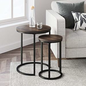 nathan james lula nesting round side set of 2, accent end table for living room with wood or marble finish tabletop and metal base, nutmeg/black