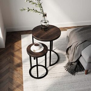Nathan James Lula Nesting Round Side Set of 2, Accent End Table for Living Room with Wood or Marble Finish Tabletop and Metal Base, Nutmeg/Black