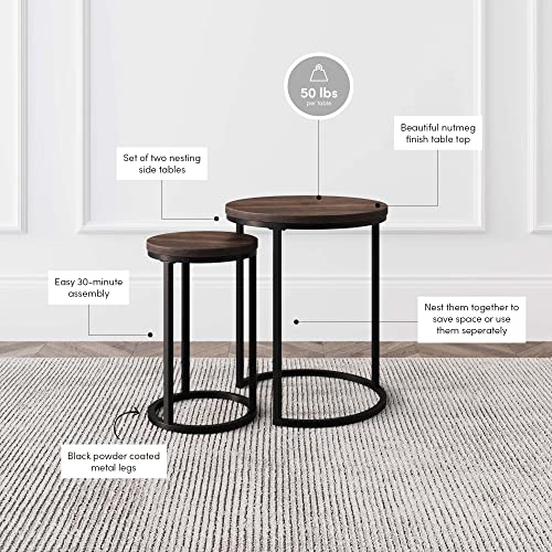 Nathan James Lula Nesting Round Side Set of 2, Accent End Table for Living Room with Wood or Marble Finish Tabletop and Metal Base, Nutmeg/Black