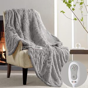 codi fuzzy shaggy fur heated blanket throw | grey 50x60 | super soft couch electric throws | 3 heat setting with auto shut off, 6ft power cord | washable