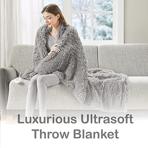 Codi Fuzzy Shaggy Fur Heated Blanket Throw | Grey 50x60 | Super Soft Couch Electric Throws | 3 Heat Setting with Auto Shut Off, 6ft Power Cord | Washable