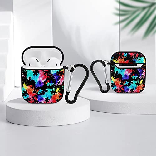 Colorful Autism Awareness Puzzle AirPods 2 & 1 Case Cover Gifts with Keychain, Shock Absorption Soft Cover AirPods 2 & 1 Earphone Protective Case for Men Women