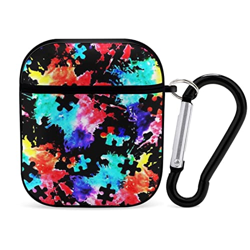 Colorful Autism Awareness Puzzle AirPods 2 & 1 Case Cover Gifts with Keychain, Shock Absorption Soft Cover AirPods 2 & 1 Earphone Protective Case for Men Women