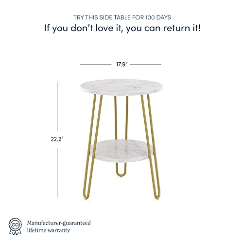 Nathan James Alexis Round Modern Side Accent, End Table with Metal Legs and Faux-Marble Tabletop for Living Bedroom and Nursery Room, 18D x 18W x 22H in, White/Gold