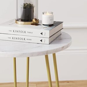 Nathan James Alexis Round Modern Side Accent, End Table with Metal Legs and Faux-Marble Tabletop for Living Bedroom and Nursery Room, 18D x 18W x 22H in, White/Gold