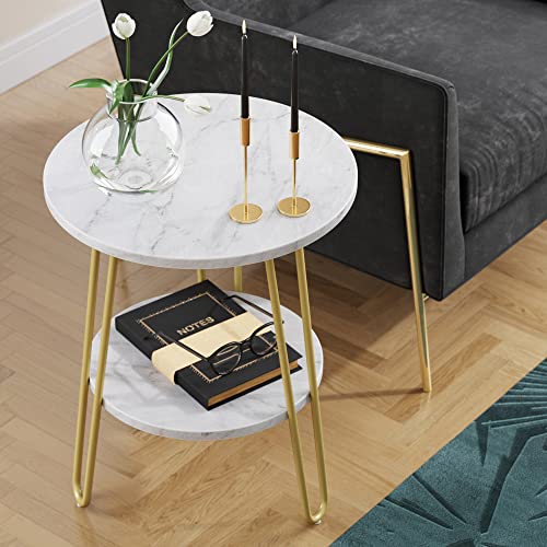 Nathan James Alexis Round Modern Side Accent, End Table with Metal Legs and Faux-Marble Tabletop for Living Bedroom and Nursery Room, 18D x 18W x 22H in, White/Gold