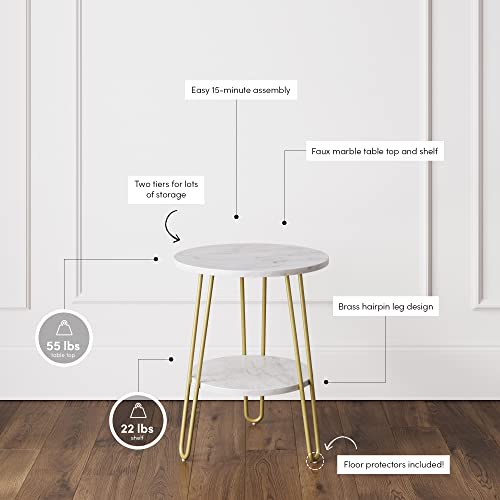Nathan James Alexis Round Modern Side Accent, End Table with Metal Legs and Faux-Marble Tabletop for Living Bedroom and Nursery Room, 18D x 18W x 22H in, White/Gold