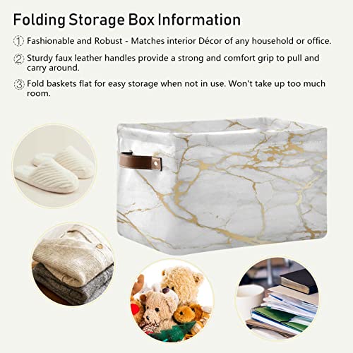 Kcldeci Luxury Marble Stone Gold White Storage Baskets Bins for Organizing, Foldable Sturdy Fabric Basket W/Handles, Large Decorative Storage Basket for Shelf Nursery Closet Toy Blanket