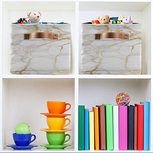 Kcldeci Luxury Marble Stone Gold White Storage Baskets Bins for Organizing, Foldable Sturdy Fabric Basket W/Handles, Large Decorative Storage Basket for Shelf Nursery Closet Toy Blanket