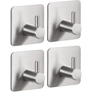 lgowithyou adhesive hooks, modern matte heavy duty waterproof towel hooks- 304 stainless steel hooks for hanging coat, hat, robe, stick on wall hooks for bathroom & kitchen- 4 packs (sliver)