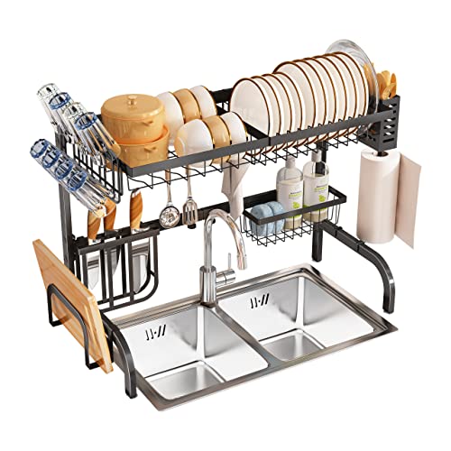 Parosan Dish Drying Rack Over Sink Adjustable (25.5"-33.5"), 2 Tier Iron Expandable Dish Rack Drainer with 5 Utility Hooks, Kitchen Counter Organizer Storage Space Saver Shelf (Black)