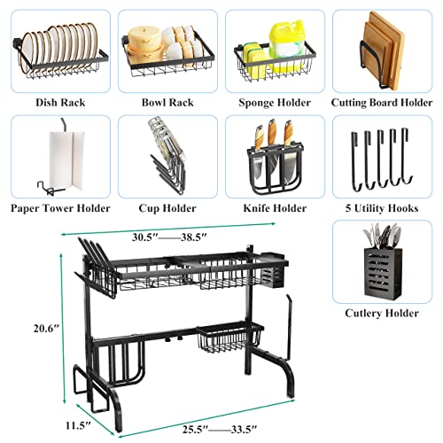 Parosan Dish Drying Rack Over Sink Adjustable (25.5"-33.5"), 2 Tier Iron Expandable Dish Rack Drainer with 5 Utility Hooks, Kitchen Counter Organizer Storage Space Saver Shelf (Black)