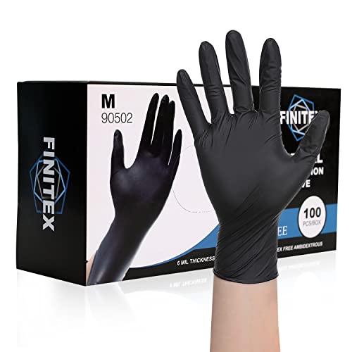 FINITEX Black Nitrile Disposable Medical Exam Gloves - Box of 100 PCS 6mil Gloves Powder-Free Latex-Free For Examination Home Cleaning Food Gloves (Large)