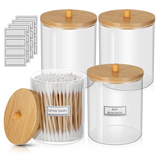 4 Pack Qtip Holder, Clear Plastic Apothecary Jars with Bamboo Lids, 10 Oz Bathroom Canisters Cotton Ball Holder Containers for Cotton Rounds Swabs, Floss Picks, Makeup Sponge, Vanity Organizer Qtip Dispenser