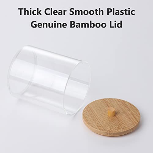 4 Pack Qtip Holder, Clear Plastic Apothecary Jars with Bamboo Lids, 10 Oz Bathroom Canisters Cotton Ball Holder Containers for Cotton Rounds Swabs, Floss Picks, Makeup Sponge, Vanity Organizer Qtip Dispenser