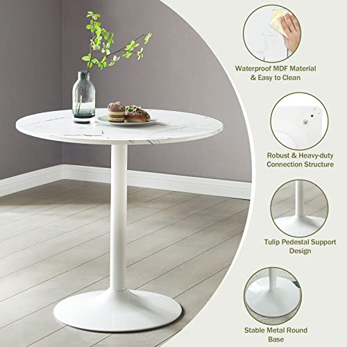 Modern Round Dining Table 31.5" - Round Dining Table with Faux Marble Top and Pedestal Base - Mid-Century Leisure Table White - Modern Round Coffee Table for Kitchen, Dining Room, Living Room