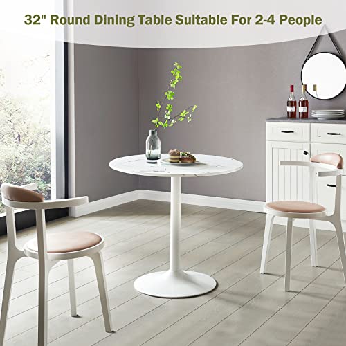 Modern Round Dining Table 31.5" - Round Dining Table with Faux Marble Top and Pedestal Base - Mid-Century Leisure Table White - Modern Round Coffee Table for Kitchen, Dining Room, Living Room