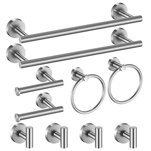 Hinmood Bathroom Hardware Set 10 Pieces, SUS 304 Stainless Steel, Includes 2 Packs 16 inch Towel Bar, 4 Packs Towel Hook, 2 Packs Towel Ring, 2 Packs Toilet Paper Holder