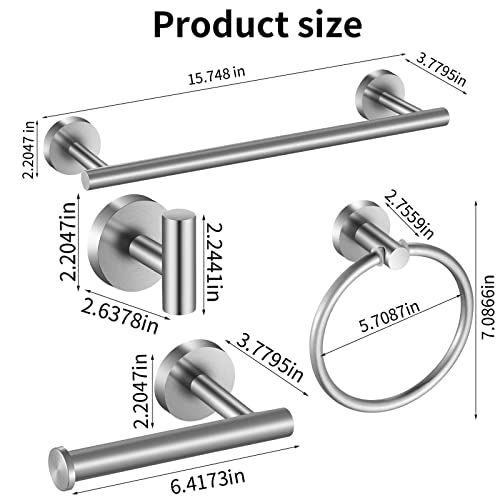 Hinmood Bathroom Hardware Set 10 Pieces, SUS 304 Stainless Steel, Includes 2 Packs 16 inch Towel Bar, 4 Packs Towel Hook, 2 Packs Towel Ring, 2 Packs Toilet Paper Holder