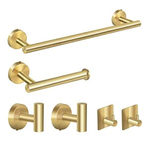 Augegel Brushed Gold Bathroom Hardware Accessories Set 6 Pieces,Stainless Steel Bathroom Towel Rack Set Wall Mounted,16" Towel Bar,Toilet Paper Holder, 4 Towel Hooks