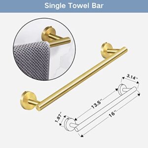 Augegel Brushed Gold Bathroom Hardware Accessories Set 6 Pieces,Stainless Steel Bathroom Towel Rack Set Wall Mounted,16" Towel Bar,Toilet Paper Holder, 4 Towel Hooks