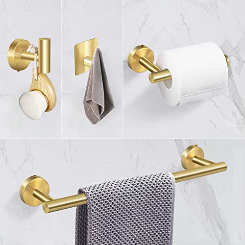 Augegel Brushed Gold Bathroom Hardware Accessories Set 6 Pieces,Stainless Steel Bathroom Towel Rack Set Wall Mounted,16" Towel Bar,Toilet Paper Holder, 4 Towel Hooks