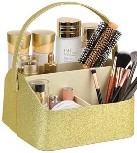 hofferruffer faux leather cosmetics organiser, 5-compartment makeup caddy holder, portable organizer caddy tote divided basket bin, dressing table organiser for skincare, perfume and make up (gold)