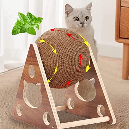 Cat Scratcher Toy,Natural Sisal Rope Cat Scratching Ball Scratcher Toy with Ball for Cats& Kittens&Dogs&Puppy, Interactive Solid Wood Scratcher Pet Toy (Medium)