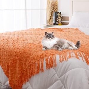 Quinnsus Knit Throw Blanket for Bed, Soft Lightweight Decorative Bed Throw Blankets, Jacquard Textured Boho Summer Throw Blanket with Tassels for Bed, Sofa and Living Room (Orange, 50 x 60 inches)