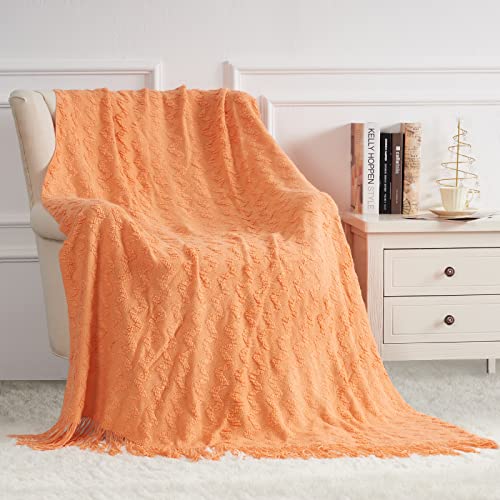 Quinnsus Knit Throw Blanket for Bed, Soft Lightweight Decorative Bed Throw Blankets, Jacquard Textured Boho Summer Throw Blanket with Tassels for Bed, Sofa and Living Room (Orange, 50 x 60 inches)