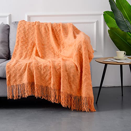 Quinnsus Knit Throw Blanket for Bed, Soft Lightweight Decorative Bed Throw Blankets, Jacquard Textured Boho Summer Throw Blanket with Tassels for Bed, Sofa and Living Room (Orange, 50 x 60 inches)