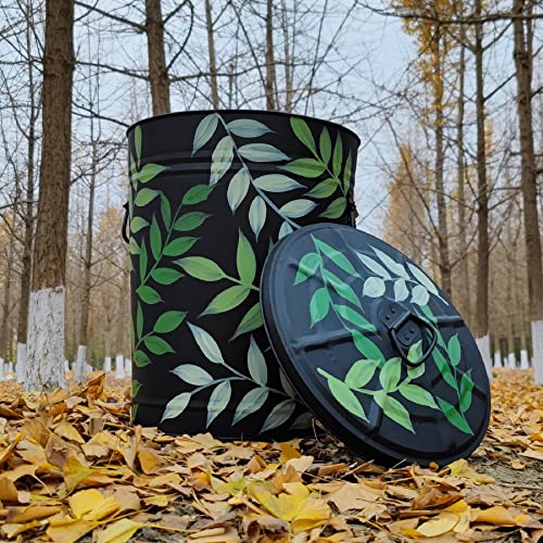 LANDCHY Black Forest Style Hand Painted Metal Trash Can Plant Patterned Storage Organization Container Canister Decorative Big Can Bin for Kitchen Living Room Home Patio Yard Home Decor