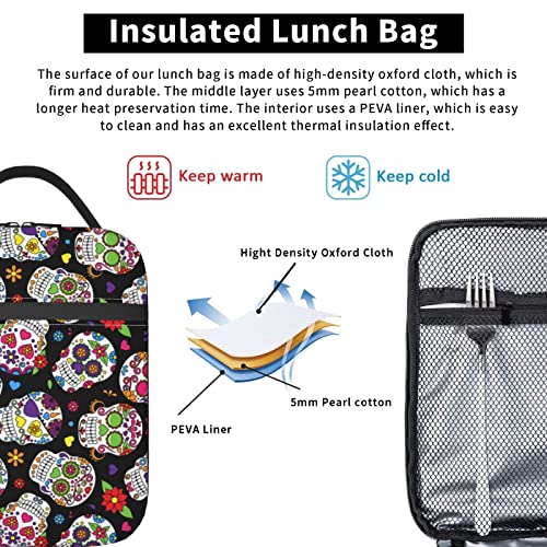 Sugar Skull Portable Lunch Box Cooler Bags Insulated Thermal Lunch Tote Bag For Women Men Adults Kids Work Travel Picnic