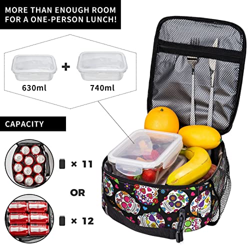 Sugar Skull Portable Lunch Box Cooler Bags Insulated Thermal Lunch Tote Bag For Women Men Adults Kids Work Travel Picnic